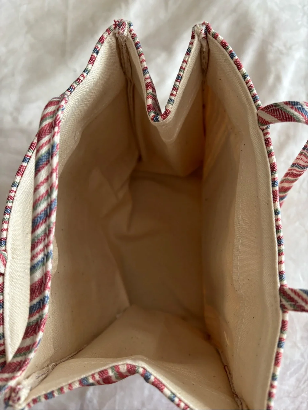 Longaberger Red, Blue & Cream Striped Canvas Tote with Embroidered Basket
